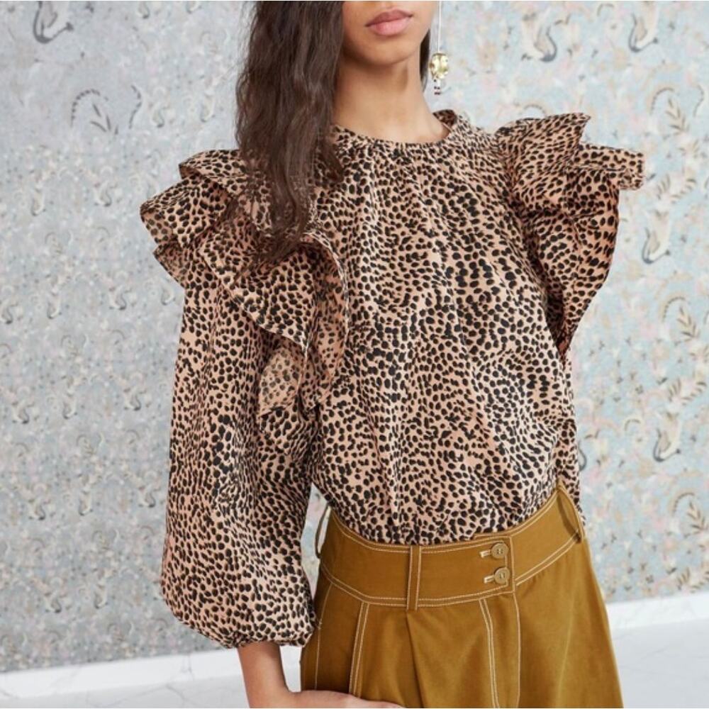 ULLA JOHNSON Caasi Cheetah Print Statement Sleeve Popover Blouse Women's Size‎ 2